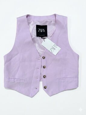 Zara Pastel Pink Crop Vest Waistcoat Light Purple Neutral Buttons Lined Size S